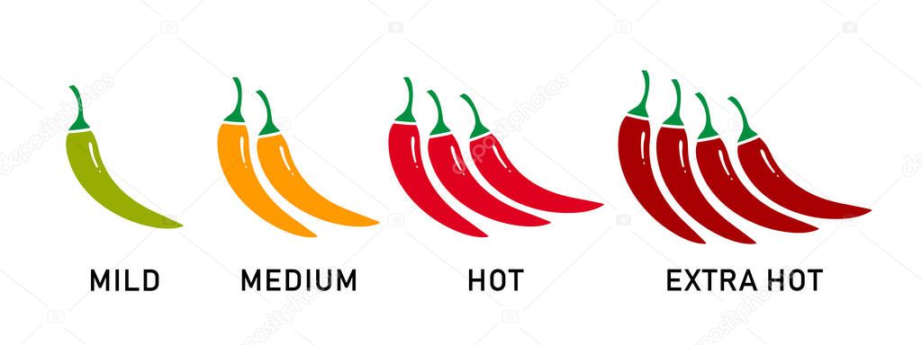 Hot red pepper strength scale indicator with mild, medium, hot and extra hot sign, vector design elements