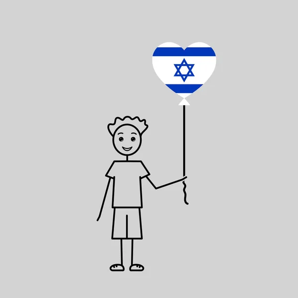 手描きのユダヤ人の少年 愛イスラエルのスケッチ ハート型の風船を持つ男性のキャラクター シンプルな黒い線ベクトルのイラスト — ストックベクタ