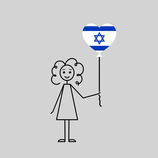 ユダヤ人の少女 愛イスラエルのスケッチ ハート型の風船を持つ女性のキャラクター シンプルなブラックラインベクトルイラスト — ストックベクタ