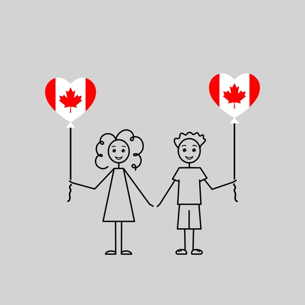 Crianças Canadenses Amo Esboço Canadá Casal Com Balões Forma Coração — Vetor de Stock