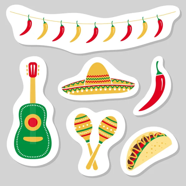 Cinco Mayo Sticker Set Mexican Culture Icons Chili Garland Guitar — Stock Vector