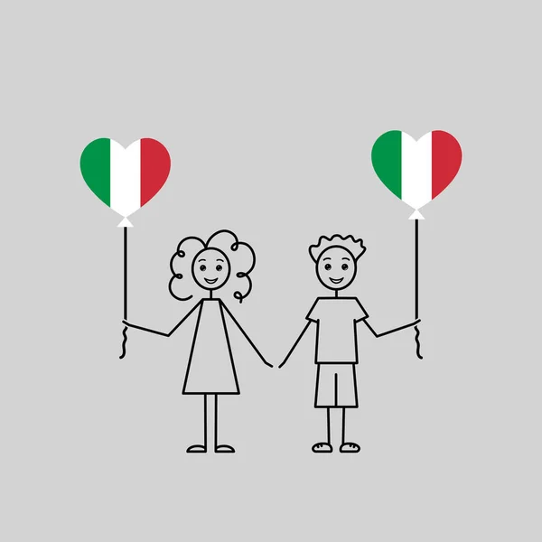 Włoskie Dzieci Miłość Włochy Szkic Dziewczyna Chłopiec Balonem Kształcie Serca — Wektor stockowy