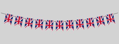 İngiltere bayrak çelengi, Union Jack flamalar zinciri, İngiliz parti kiraz kuşu süslemesi, taç giyme töreni için İngiltere bayrakları, basit vektör dekoratif unsurlar.