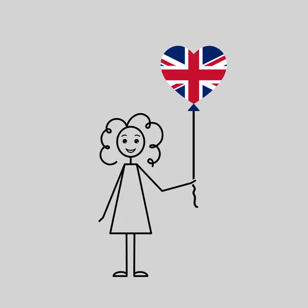 Handritad Brittisk Flicka Kärlek Storbritannien Skiss Kvinnlig Karaktär Med Hjärtformad — Stock vektor