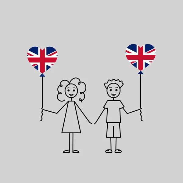 英国の子供たち 英国のスケッチを愛し 女の子と男の子の心の形をした風船 黒い線のシンプルなベクトルイラスト — ストックベクタ
