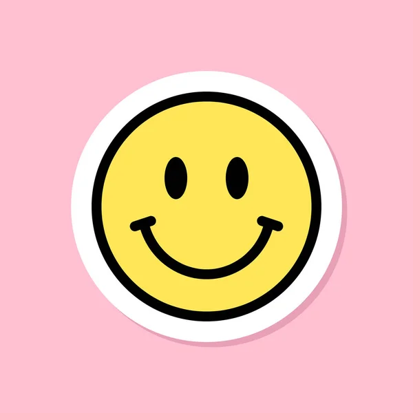 笑顔の顔のステッカー 黒の輪郭の黄色のシンボル ピンクの背景のかわいい笑顔のステッカー グルービーな美的ベクトルデザイン要素 — ストックベクタ