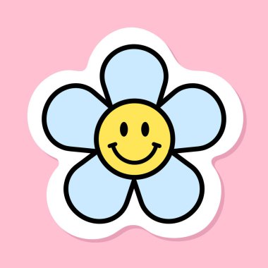 Modaya uygun çiçek etiketi, komik çizgi film yüzü, siyah çizgili mavi çiçek ve sevimli gülümseme, pembe arka plan, muhteşem estetik vektör tasarımı elementi