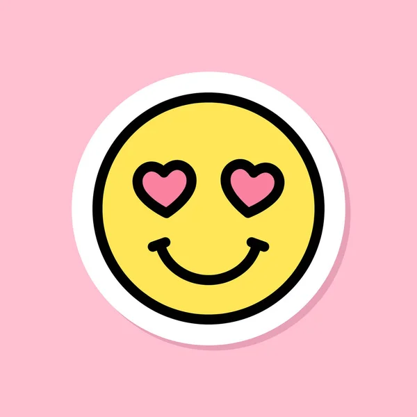 Aşk Emojisi Etiketi Kalp Gözlü Sarı Yüz Siyah Çizgiler Pembe — Stok Vektör