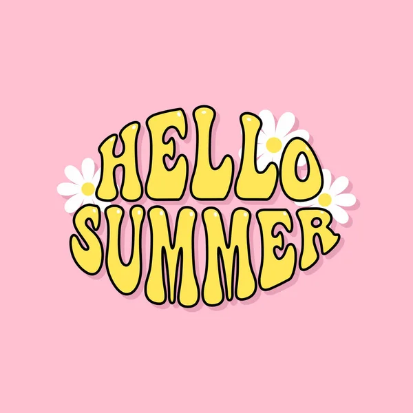 Hello Summer Letletletlettering Cute Daisy Flower Groovy Retro Illustration Style — 스톡 벡터