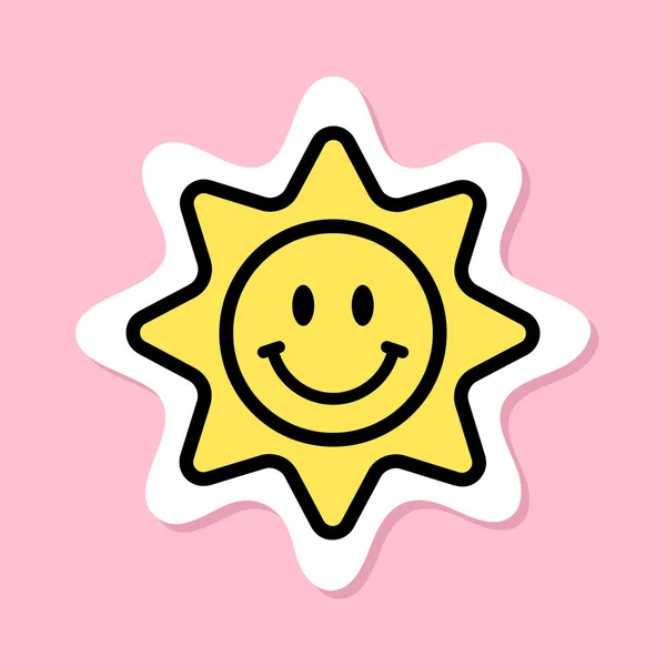 太阳贴纸 带有黑色轮廓的黄色符号 粉色背景的可爱微笑的太阳 华丽美观的简约矢量设计元素 — 图库矢量图片