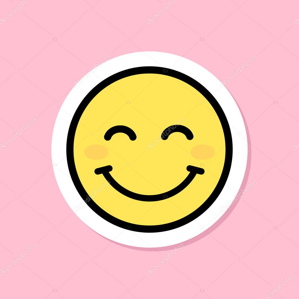 Smiling face with smiling eyes emoji sticker, yellow face with closed eyes, black outline, cute sticker on pink background, groovy aesthetic, simple vector design element