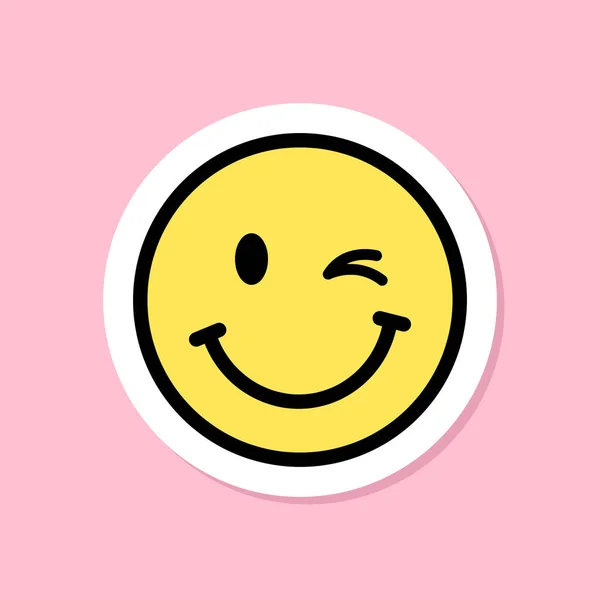 ウィンク顔絵文字ステッカー ウィンク目付きイエロー顔 ブラックアウトライン ピンクの背景にかわいいステッカー グルービーな美的 シンプルなベクトルデザイン要素 — ストックベクタ
