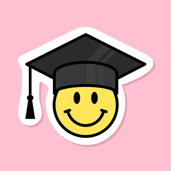 Cara Sonriente Con Etiqueta Engomada Sombrero Graduación Símbolo Amarillo Con — Vector de stock