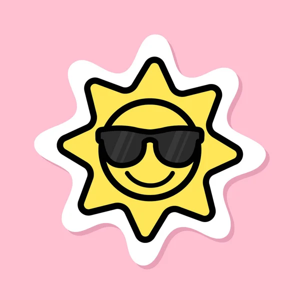 墨镜贴纸的笑太阳 黑色轮廓的黄色符号 粉色背景的可爱微笑太阳 华丽美观的简约矢量设计元素 — 图库矢量图片