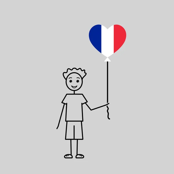 法国男孩 爱法国小品 一个有心形气球的家伙 黑线简单的矢量图解 — 图库矢量图片