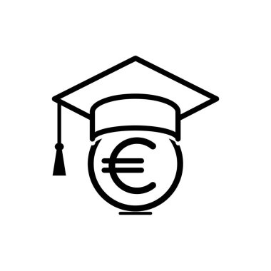 Burs siyah çizgi vektör logosu, mezuniyet şapkası takan euro sikke, öğrenci kredisi, eğitim için para, kalın siyah taslak