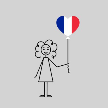 Fransız kız, Fransa skecini sev, kalp şeklinde balonu olan bir kız, siyah çizgi basit vektör çizimi.
