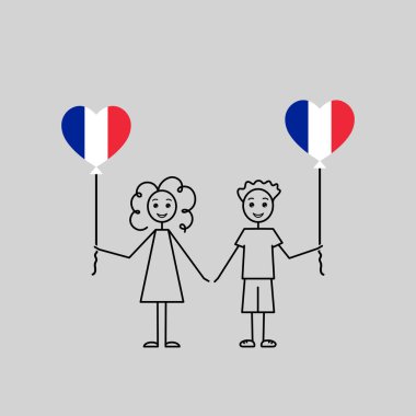 french kids, love France sketch, girl and boy with a heart shaped balloons, black line vector illustration for kindergarten clipart