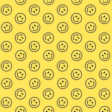 Gülümseyen emoji, siyah çizgi gülümseme simgeleri, sarı arkaplanda izole edilmiş kusursuz pozitif vektör deseni.