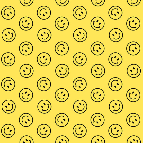 smiling emoji, black line smile icons seamless positive vector pattern isolated on yellow background