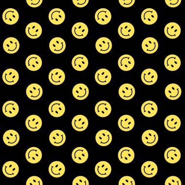 Gülümseyen emoji, sarı gülümseme simgeleri, siyah arkaplanda izole edilmiş kusursuz pozitif vektör deseni