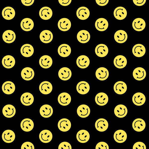 smiling emoji, yellow smile icons seamless positive vector pattern isolated on black background