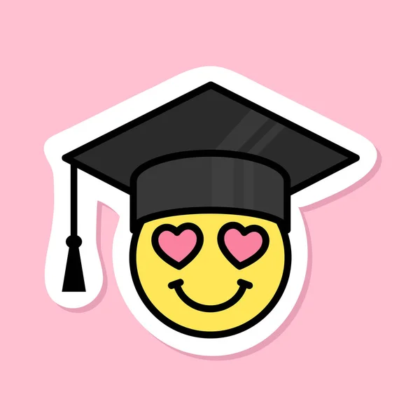 戴着毕业帽贴纸 黄色符号 黑色轮廓 粉色背景上可爱的微笑贴纸 华丽美观 简约的矢量设计元素 — 图库矢量图片