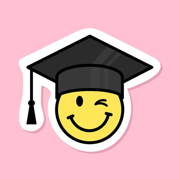 Visage Souriant Avec Clin Oeil Portant Autocollant Chapeau Graduation Symbole — Image vectorielle