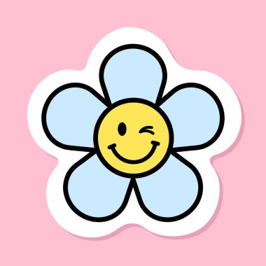 Göz kırpan etiketli harika bir çiçek, komik bir çizgi film yüzü, siyah çizgili mavi papatya, modaya uygun stil vektör tasarımı elementi