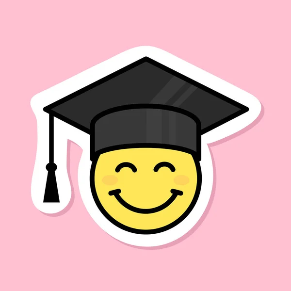 卒業式の帽子のステッカーをかぶった笑顔の目 黒い輪郭の黄色のシンボル ピンクの背景のかわいい笑顔のステッカー グルービーな美的シンプルなベクトルデザイン要素 — ストックベクタ