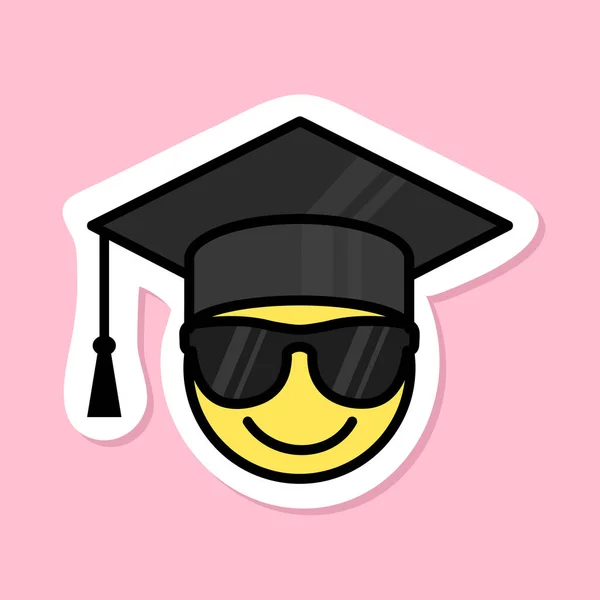 清凉的毕业生 戴着毕业帽的太阳镜笑脸 粉色背景的可爱微笑贴纸 华丽的美学矢量设计元素 — 图库矢量图片