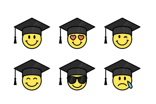 卒業絵文字シールセット アカデミックハットのメッセンジャーアイコン 卒業帽子の笑顔 グルービースタイルの漫画ベクトルデザイン要素 — ストックベクタ