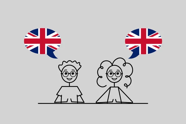 イギリス英語話者 イギリス英語話者 漫画少年少女英国の国旗の色でスピーチバブル 言語ベクトルのイラストを学ぶ — ストックベクタ