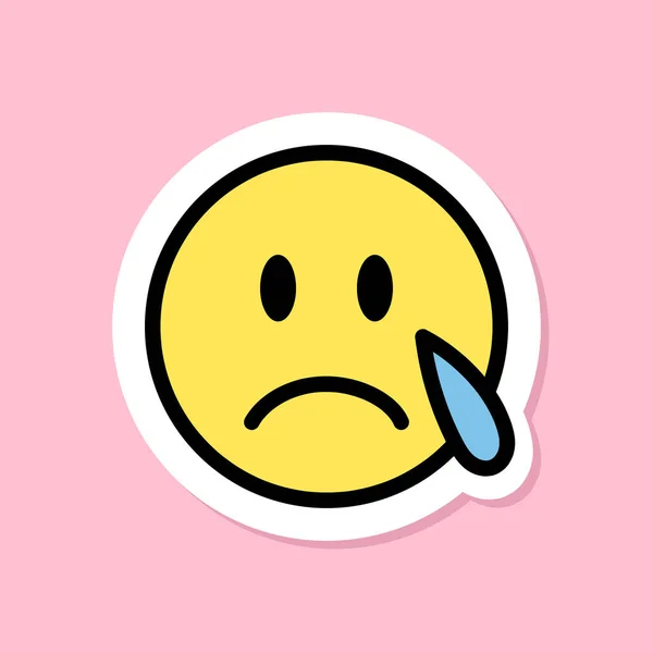 Huilen Gezicht Emoji Sticker Geel Gezicht Met Scheur Zwarte Omtrek — Stockvector