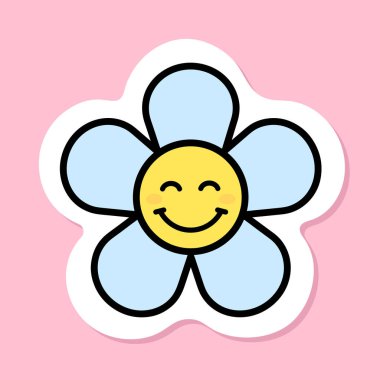 Gülümseyen gözlü papatya çiçeği, kapalı gözlü karikatür çiçeği, pembe arka planda şirin bir etiket, moda tarzı, vektör tasarım elementi.