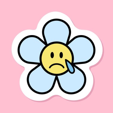 Ağlayan papatya çiçeği emoji etiketi, gözyaşları olan karikatür çiçeği, siyah çizgili, pembe arka planda üzgün papatya çayı karakteri, moda estetik, basit vektör tasarımı elementi