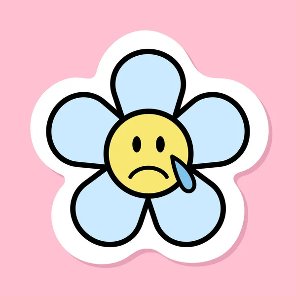 Ağlayan Papatya Çiçeği Emoji Etiketi Gözyaşları Olan Karikatür Çiçeği Siyah — Stok Vektör