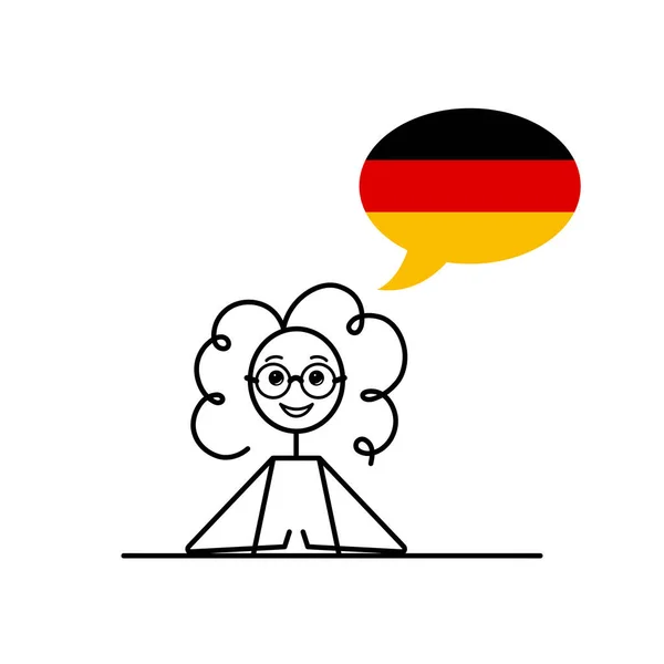 德什语卡通人物 带有德国国旗的语音泡沫 女性角色学习德语矢量插图 黑线简单草图 — 图库矢量图片