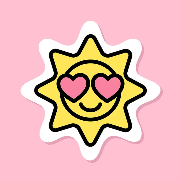 Soleil Souriant Avec Autocollant Yeux Coeur Symbole Jaune Avec Contour — Image vectorielle