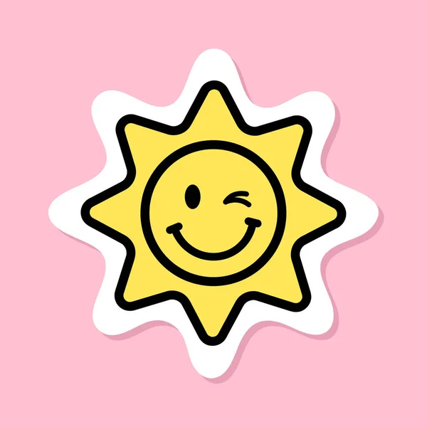 闪烁的太阳贴纸 黄色的象征与黑色轮廓 可爱的微笑的太阳与闪烁的眼睛粉红背景 华丽的风格矢量设计元素 — 图库矢量图片