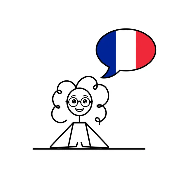 讲法语的卡通片女孩 带有法国国旗颜色的语音泡沫 女性角色学习法语矢量插图 黑线简单草图 — 图库矢量图片