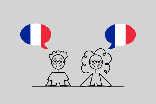 说法语的男孩和女孩 有法国国旗颜色的语音泡沫 学习法语矢量图解 — 图库矢量图片