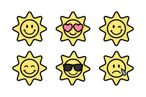 Conjunto Emoji Sol Personagens Desenhos Animados Groovy Pacote Adesivo Estilo — Vetor de Stock