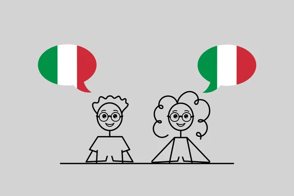 italian speakers, cartoon boy and girl with speech bubbles in Italy flag colors, learning italiano language vector sketch