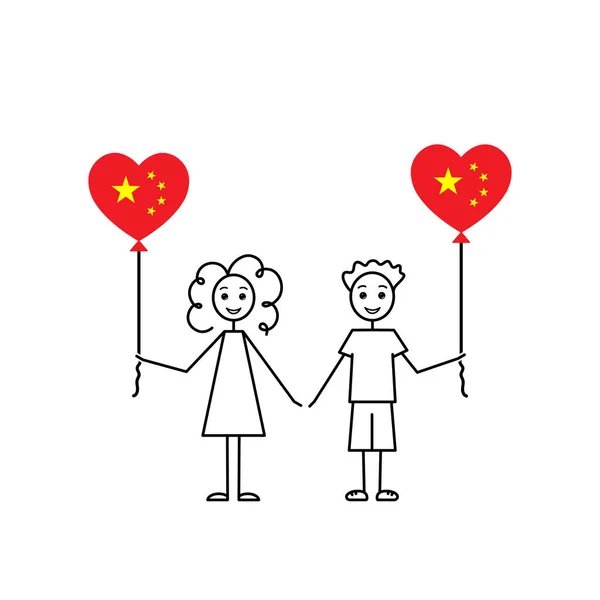 Chinesische Kinder Liebe China Skizze Mädchen Und Junge Mit Herzförmigen — Stockvektor