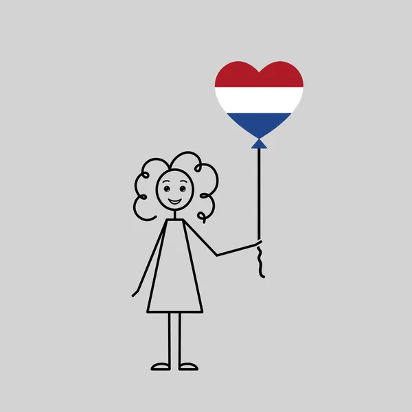 手描きオランダの女の子オランダのスケッチ ハート型の風船を持つ女性のキャラクター ブラックラインの漫画のベクトルイラスト — ストックベクタ