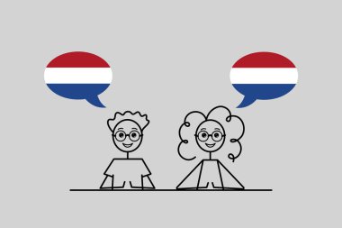 Flamanca konuşan erkek ve kız Hollanda bayrağında konuşma baloncukları, Flamanca dil illüstrasyonunu öğreniyorlar