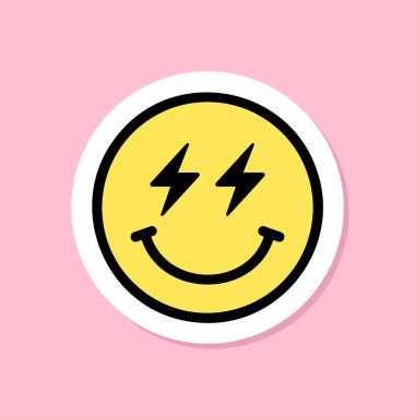 şimşek gözlü emoji çıkartması, şimşek gözlü sarı yüz, siyah çizgili, pembe arka planda şirin çıkartma, modaya uygun estetik, basit vektör tasarımı elementi
