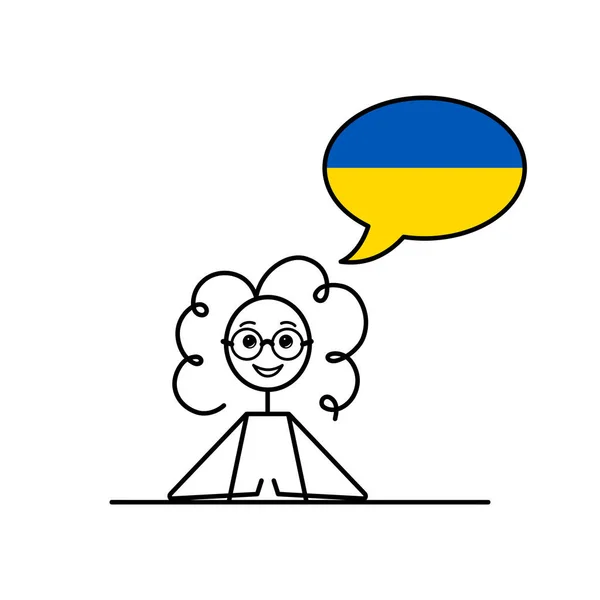 Ukrajinsky Mluvící Karikatura Dívka Hlasovou Bublinou Pod Vlajkou Ukrajinských Barev — Stockový vektor