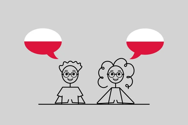抛光扬声器 卡通人物 有语言障碍的男孩和女孩波兰国旗的颜色 学习抛光语言 简单的矢量草图 — 图库矢量图片